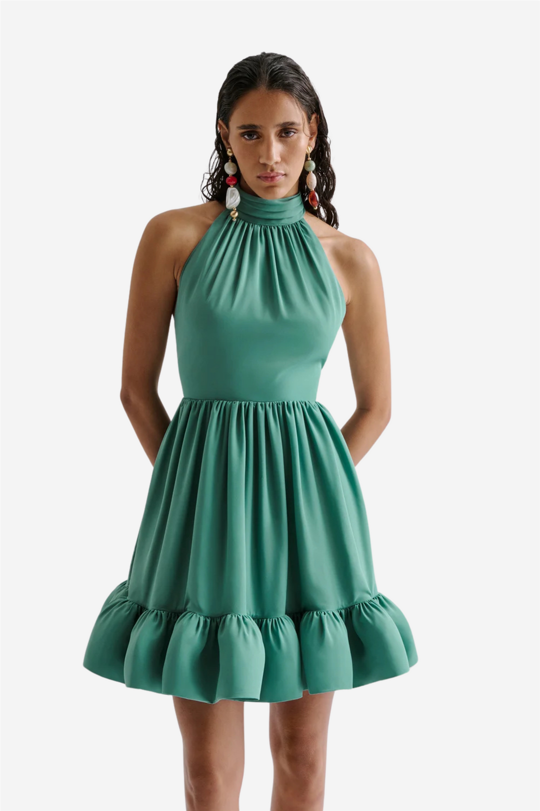 Fern Halterneck Ruffled Mini Dress Deep Aqua