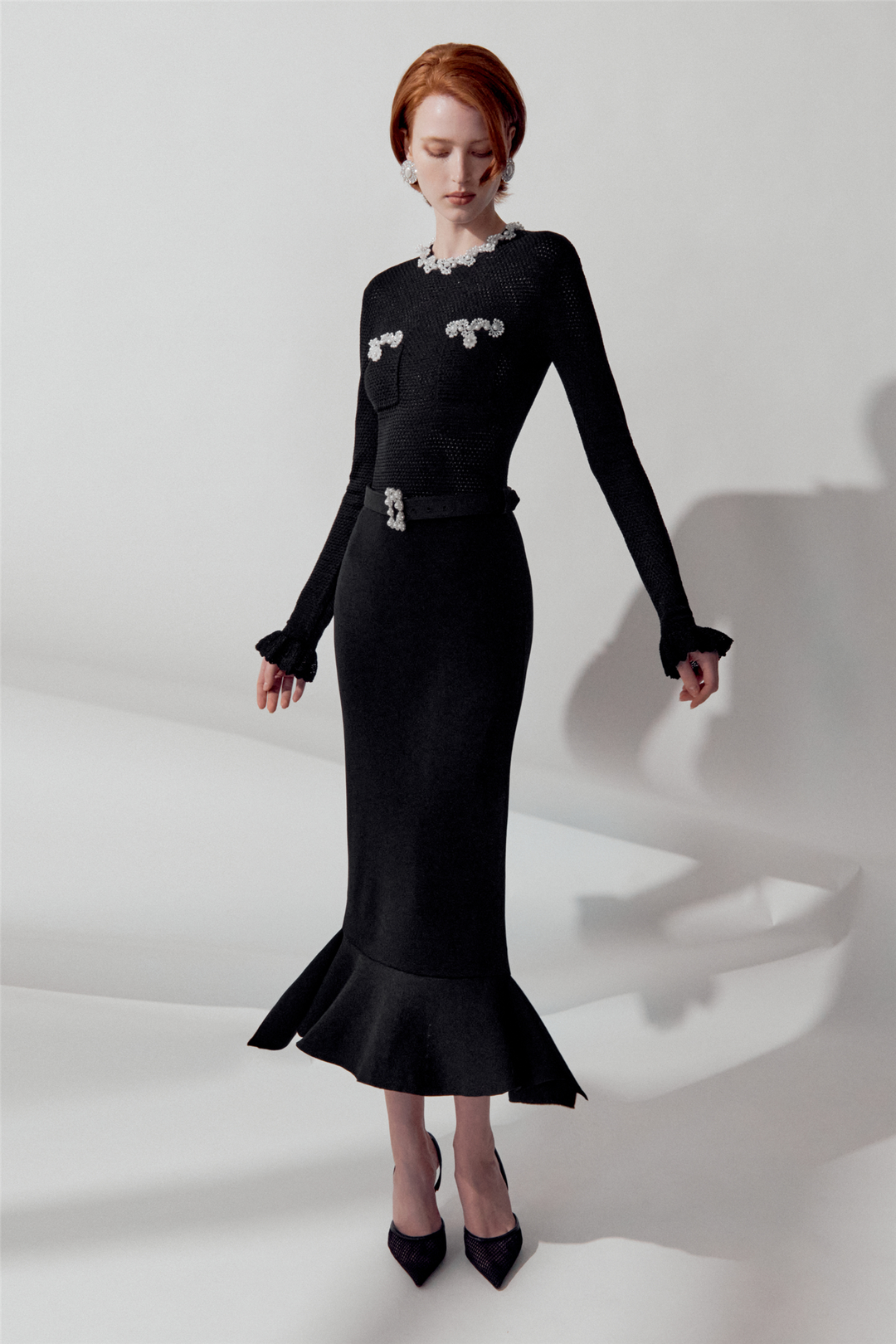 Pearl Trim Knit Midi Dress Black