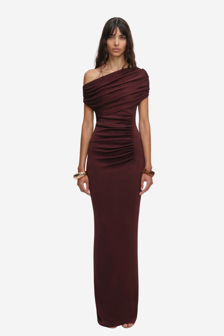 Brown Draped Knit Midi Dress