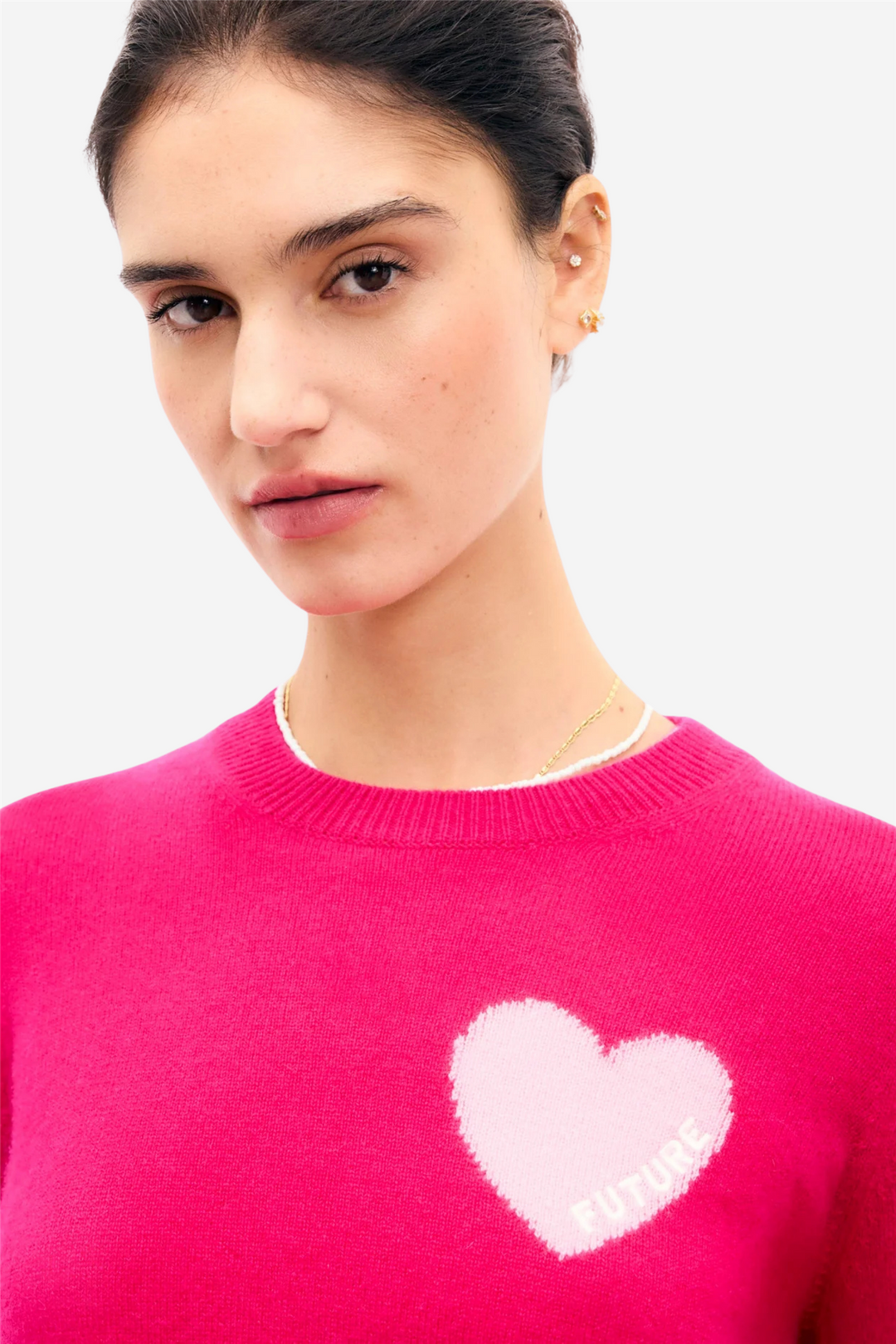 Crewneck Sweater With Future Heart Embroidery Tropical Raspberry