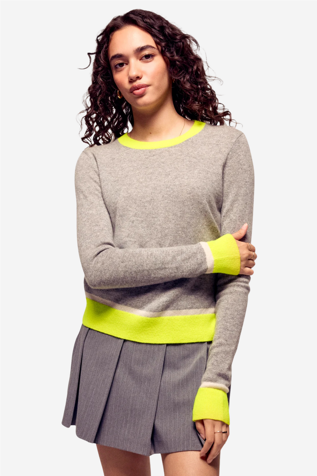 Two-Tone Cropped Crewneck Sweater Dark Heather Gray