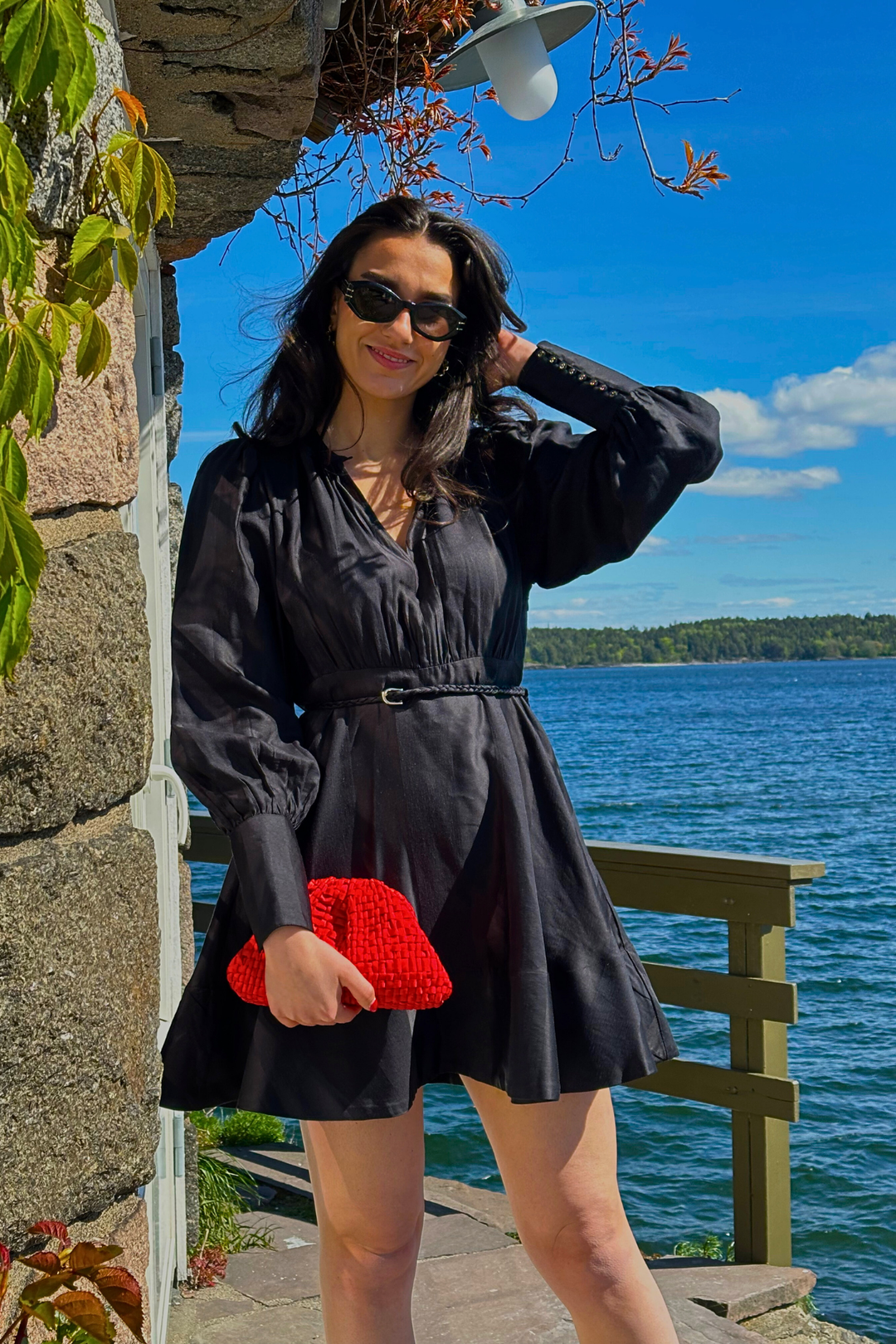 Striped Belt Dress Black