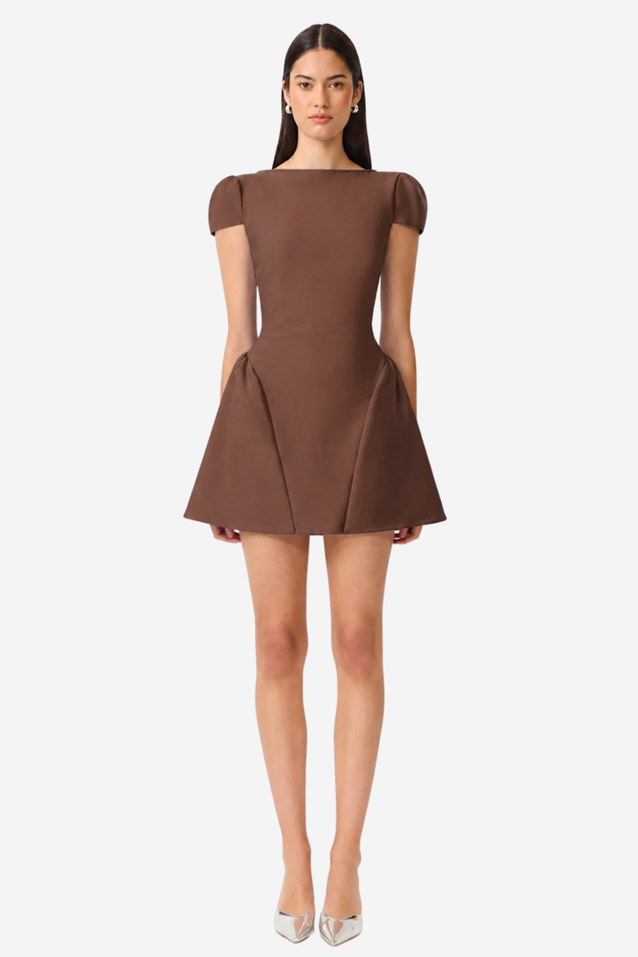 Floriana Cap Sleeve Flare Mini Dress Brown