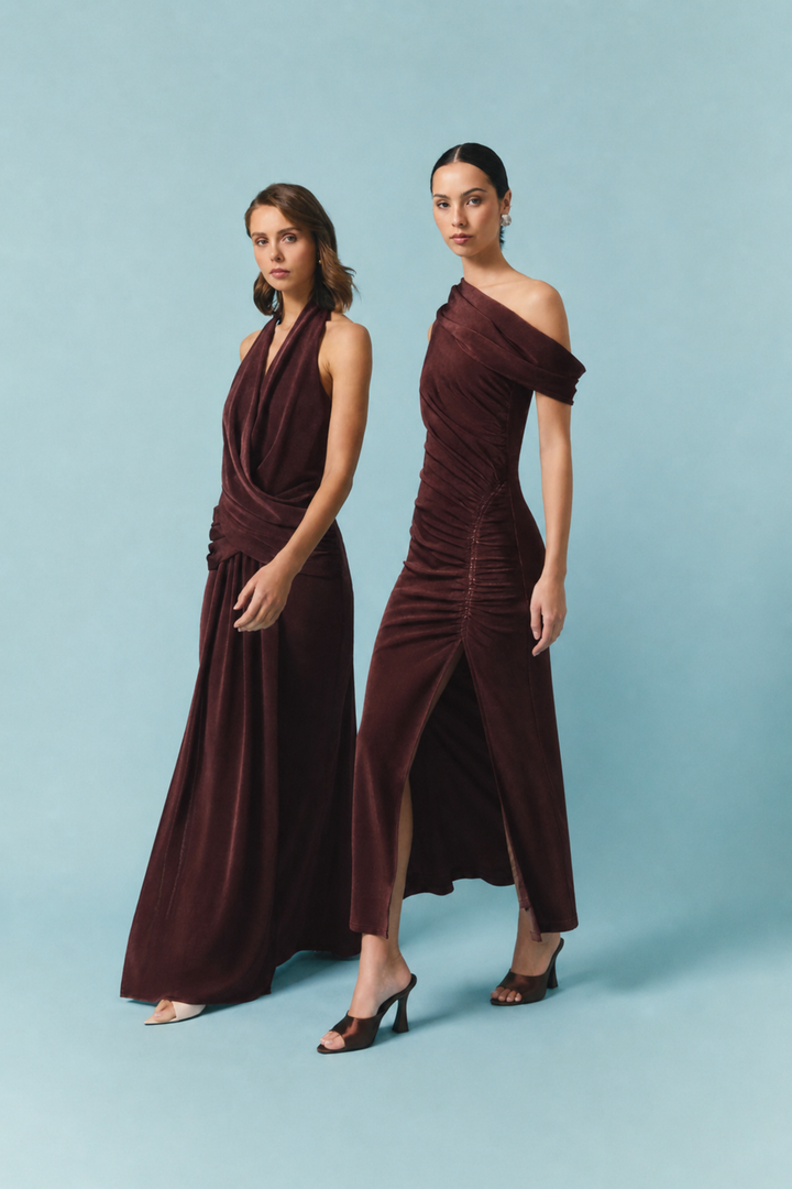Simone One Shoulder Maxi Dress Chocolate Brown