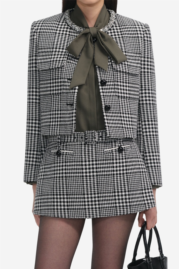 Houndstooth Crystal Trim Jacket Black and White