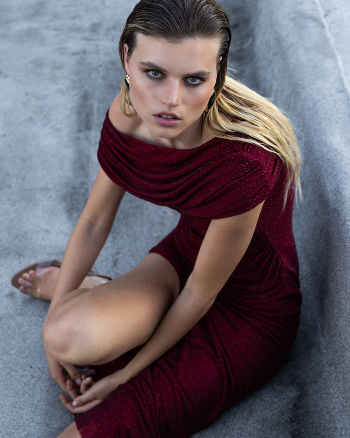 Burgundy Rhinestone Drape Midi Dress