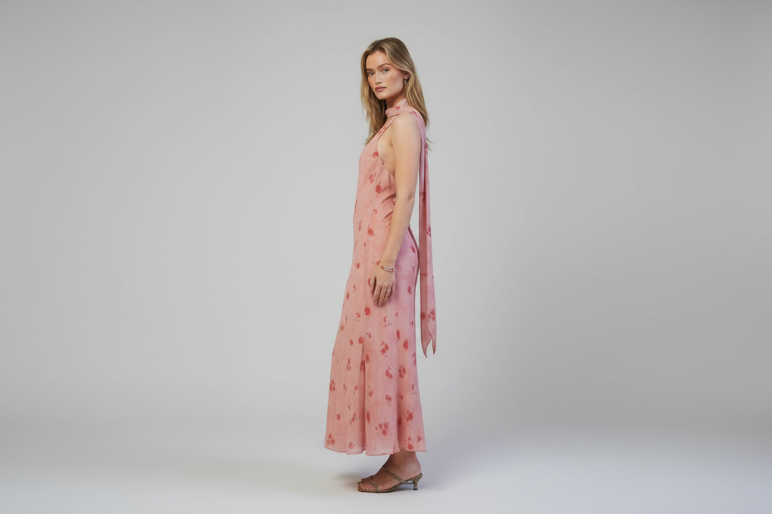 Fiona Blurred Flower Halter Neck Dress Light Pink