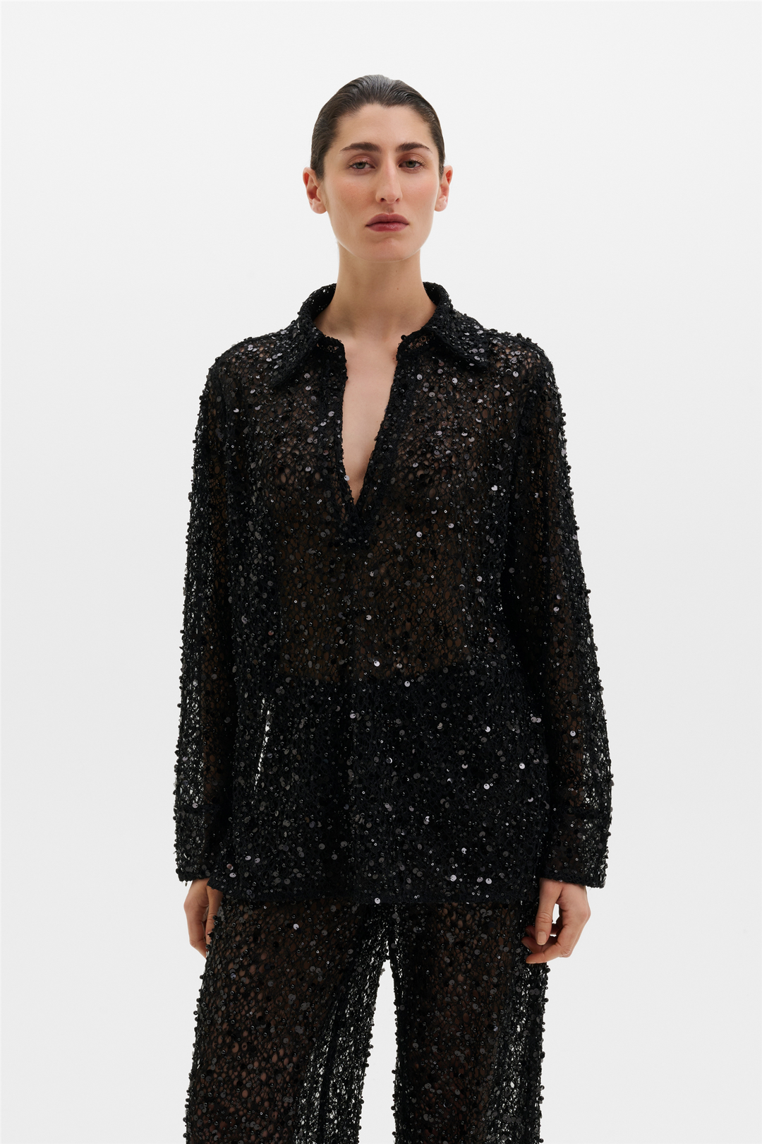 Philippa Embellished Lace Shirt Black