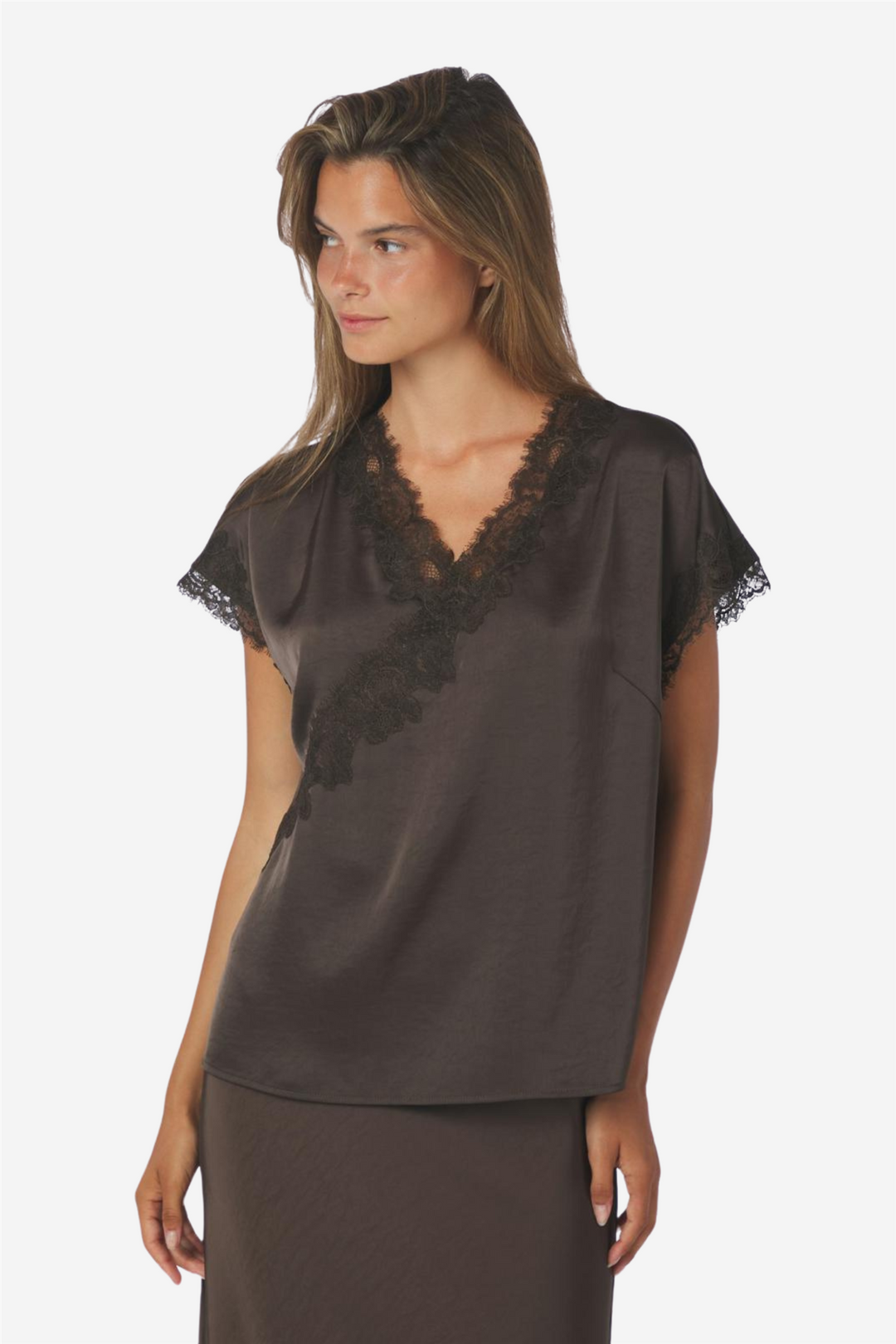 Benera Heavy Sateen Lace Blouse Dark Brown