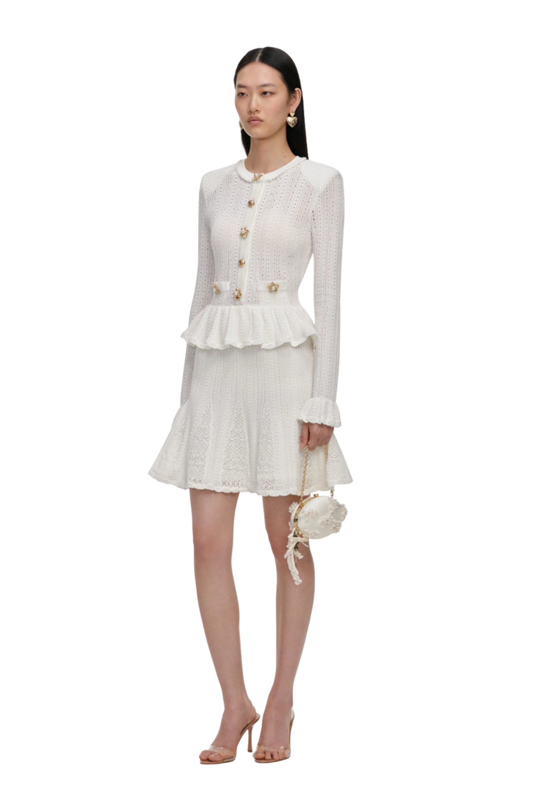 Pointelle Peplum Knit Mini Dress White
