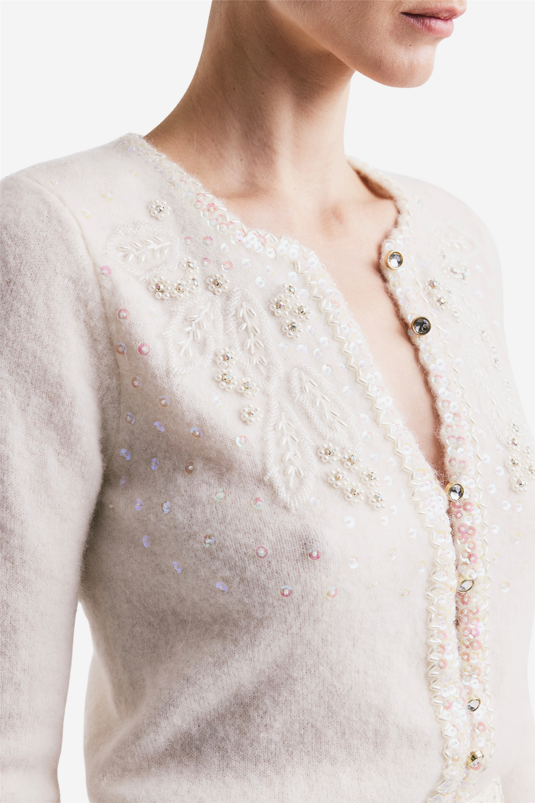 Delicate Knit Decorated Cardigan Off White