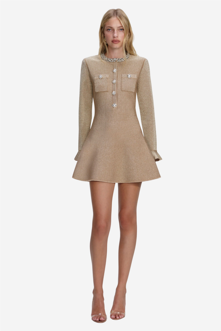 Gold Crystal Trim Knit Mini Dress