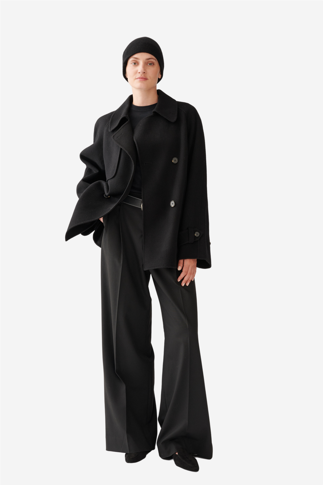 Double Faced Wool Short Trench Black