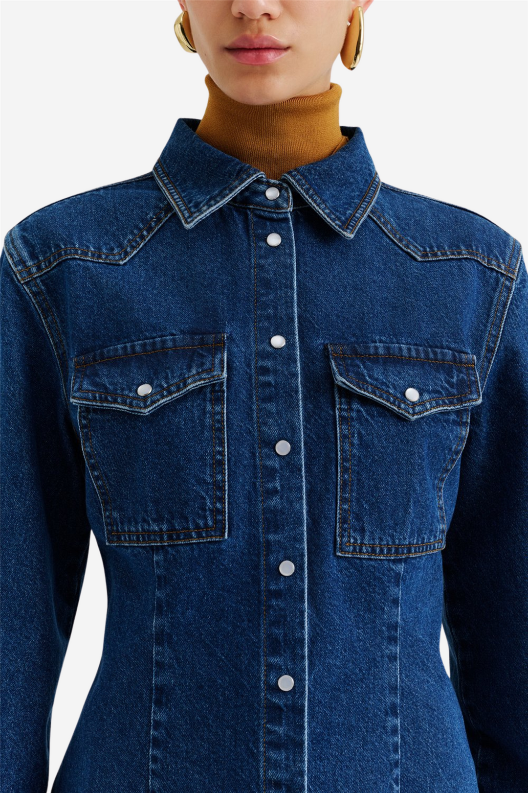 Anthea Fitted Waist Denim Shirt Dark Blue
