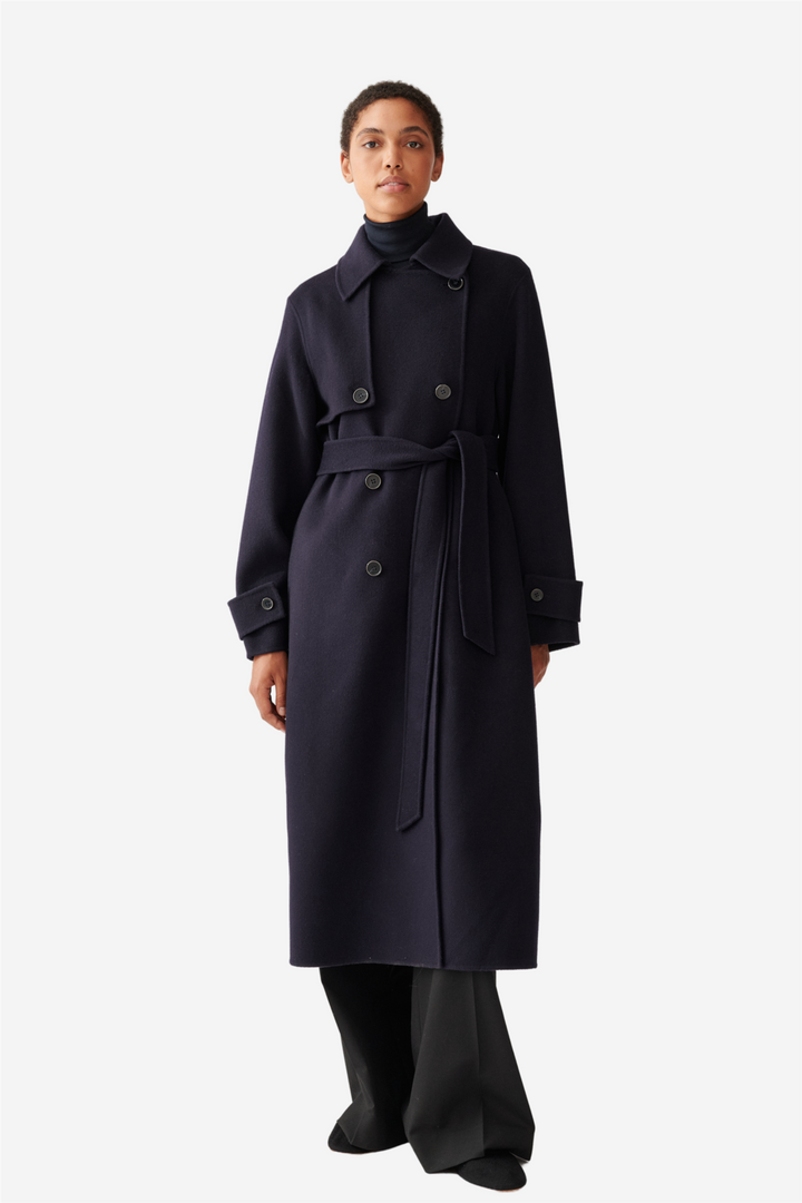 Double Faced Wool Long Trench Dark Navy