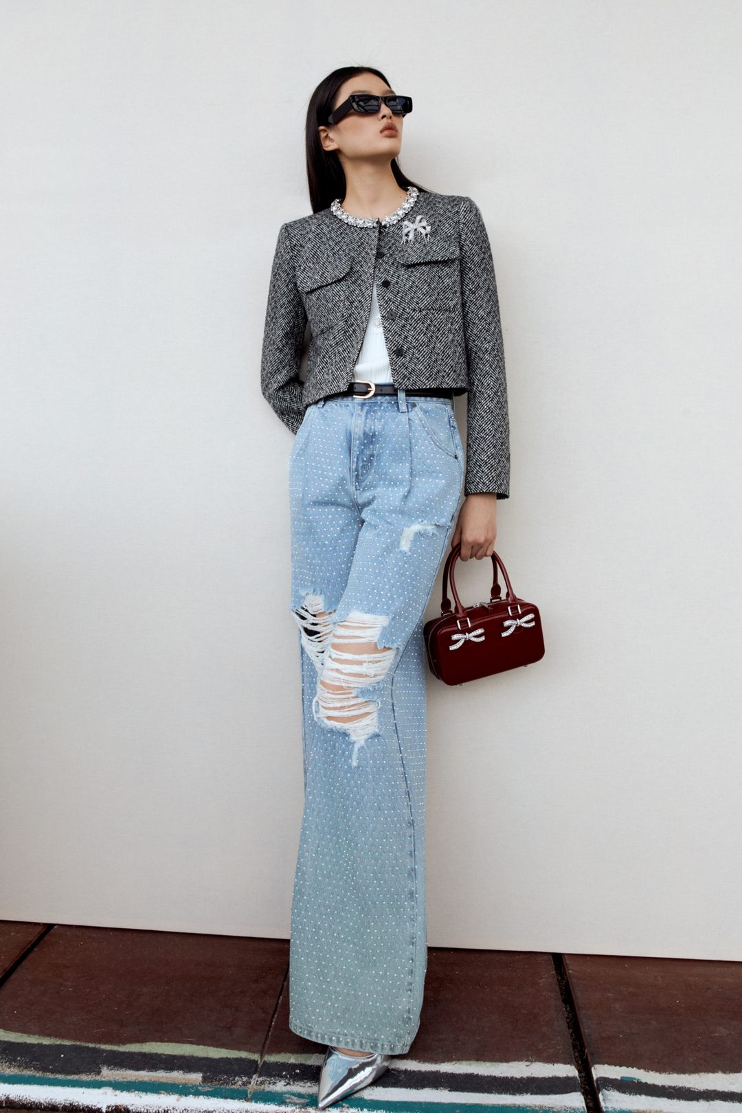 Black Herringbone Embellished Jacket