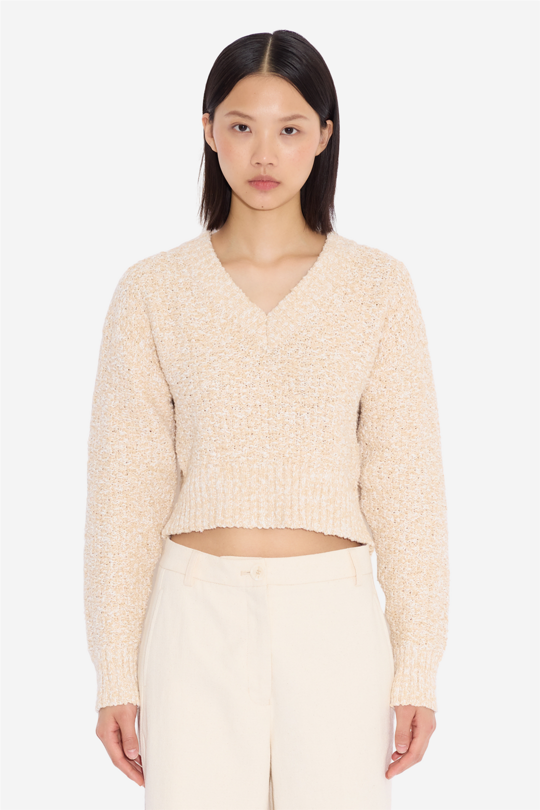 Resort Cropped V-Neck Sand Mix