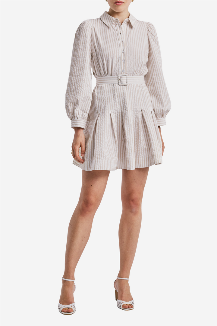 Seersucker Pleated Dress Khaki Stripe