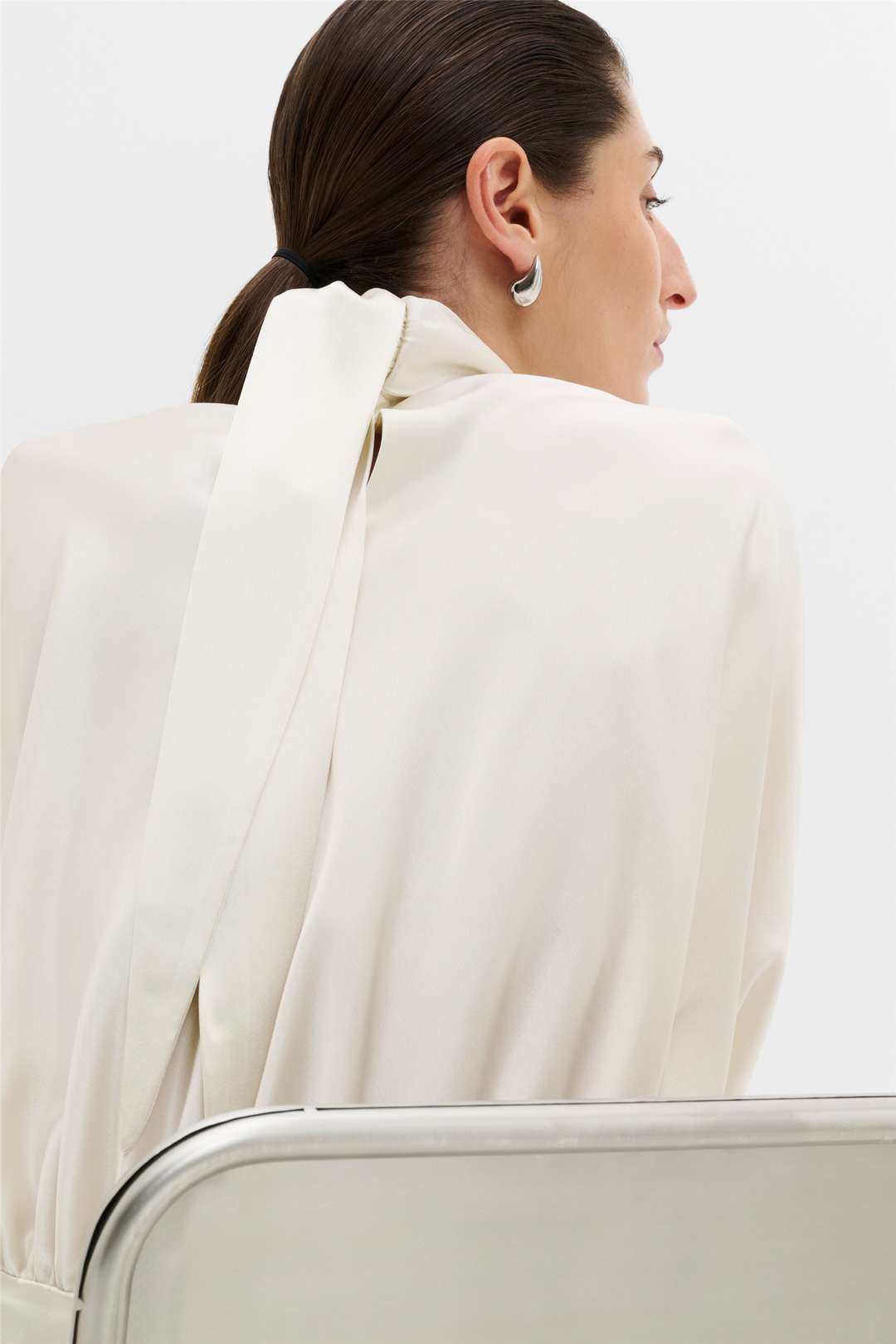 Vilja High-Neck Satin Blouse Pearl