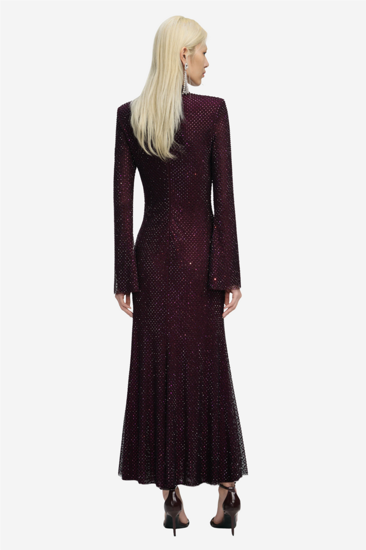 Burgundy Rhinestone Fishnet Midi Dress