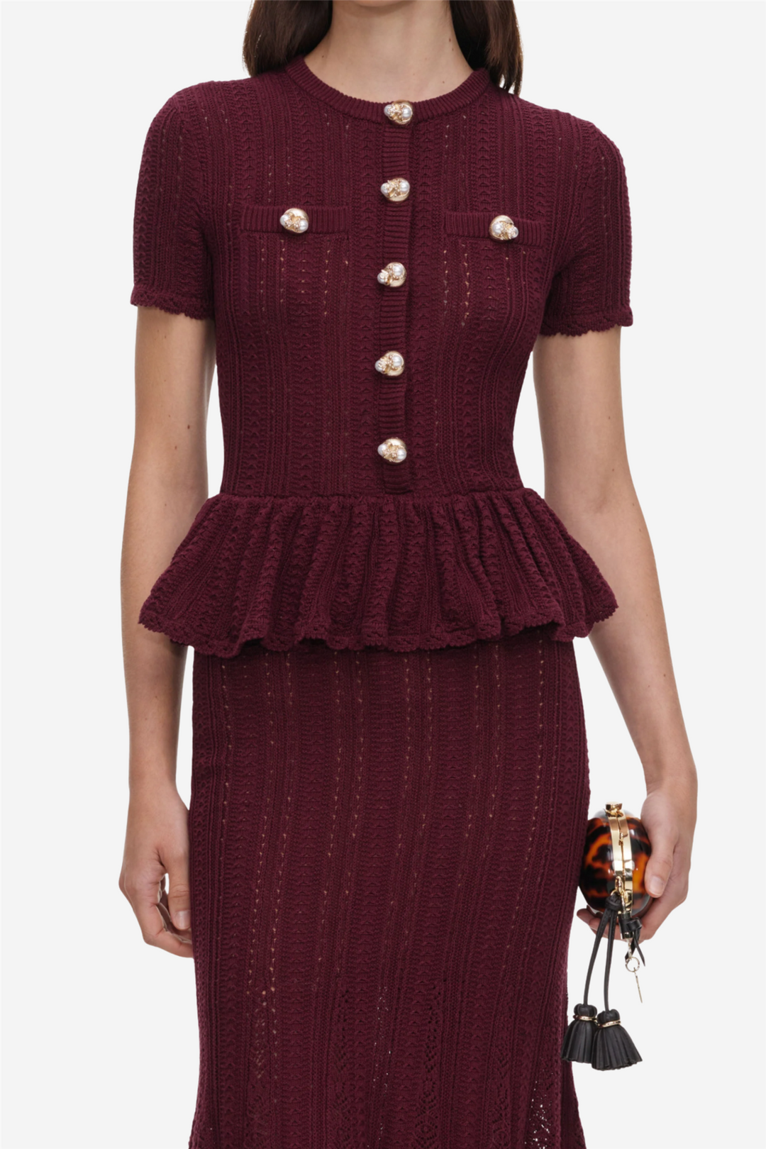 Pointelle Peplum Knit Midi Dress Burgundy