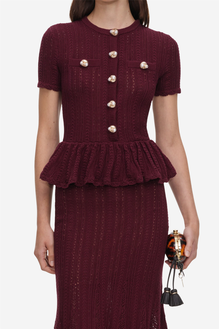 Pointelle Peplum Knit Midi Dress Burgundy