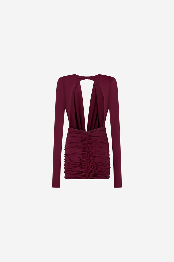 Zelda Mini Dress Deep V Neck Cabernet