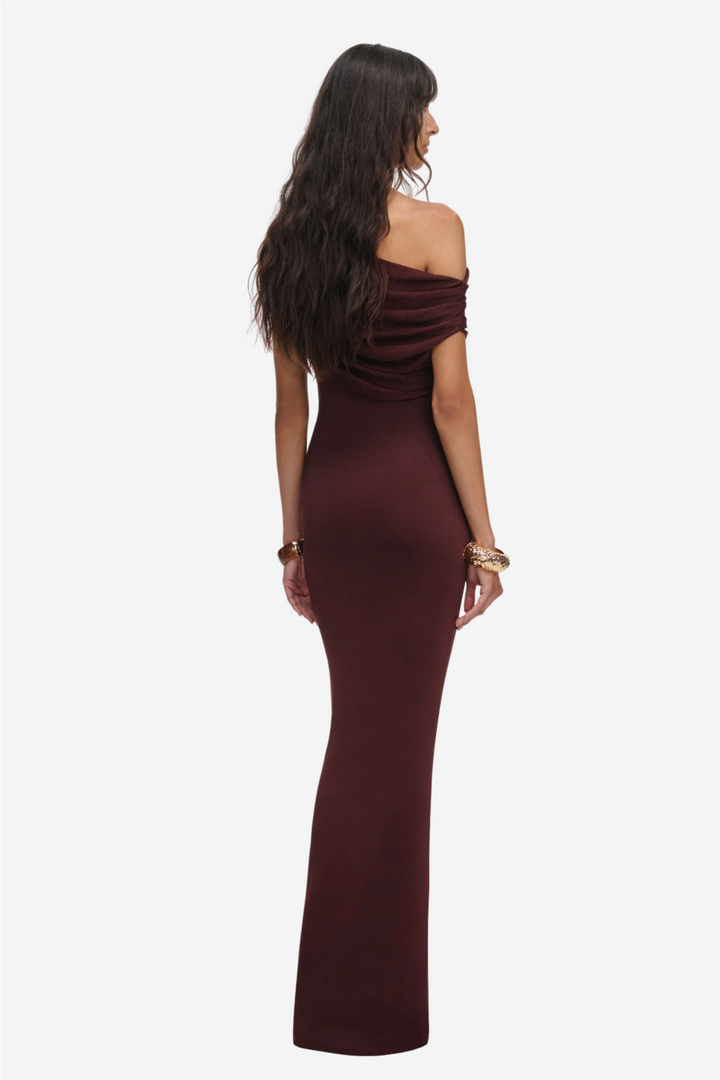 Brown Draped Knit Midi Dress