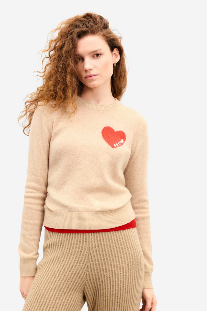 Crewneck Sweater With Future Heart Embroidery Beige Chine