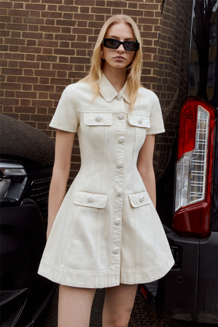 Cream Collared Denim Mini Dress