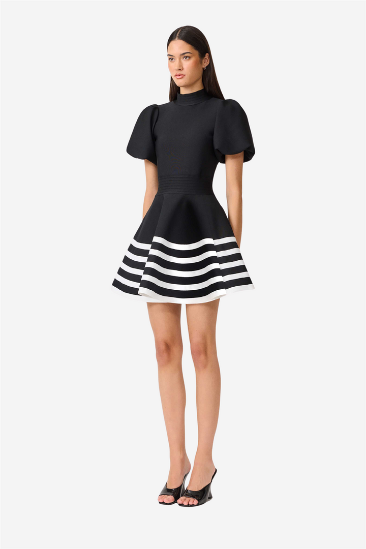 Ninette Puff Sleeves Flare Mini Dress Black And White