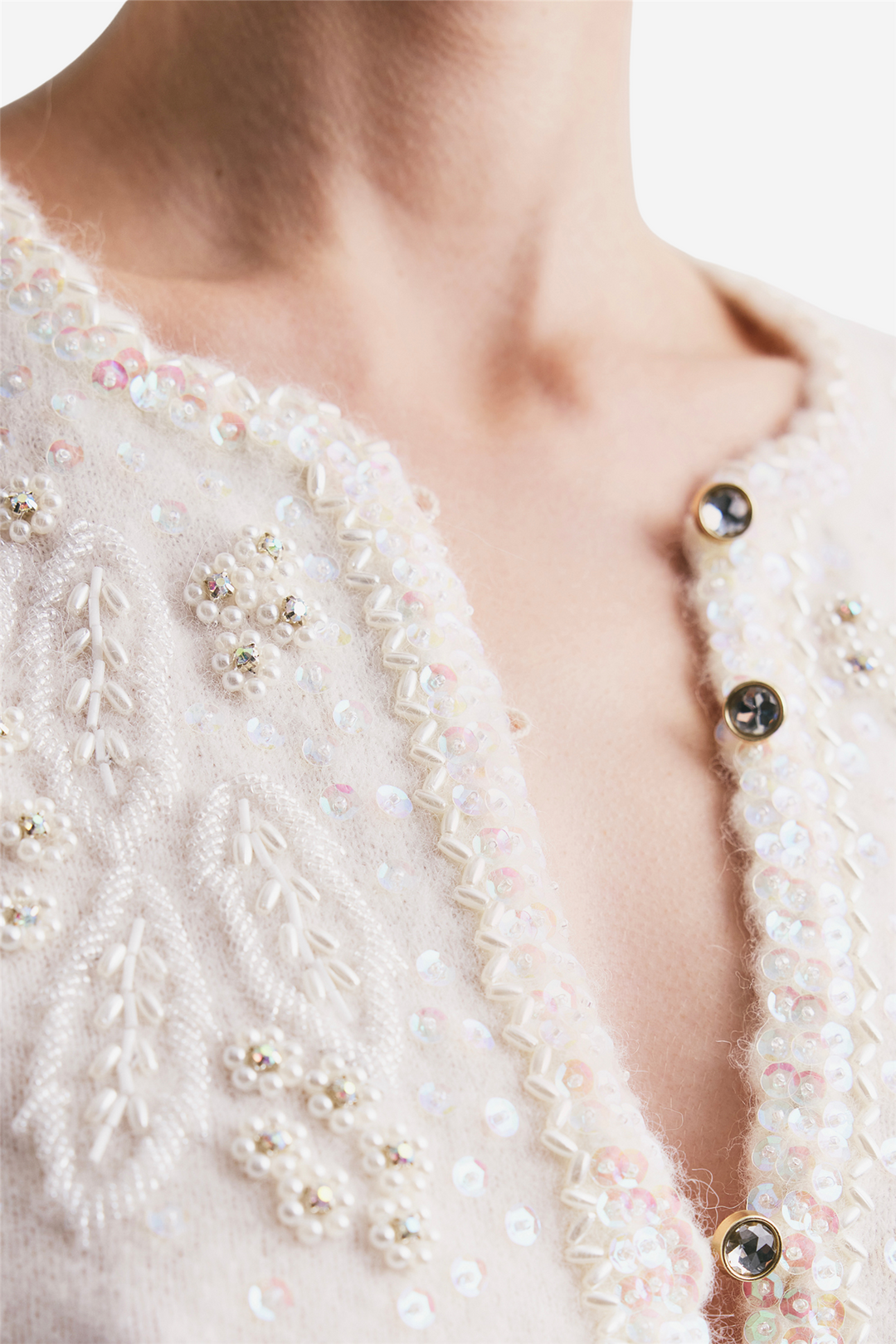 Delicate Knit Decorated Cardigan Off White