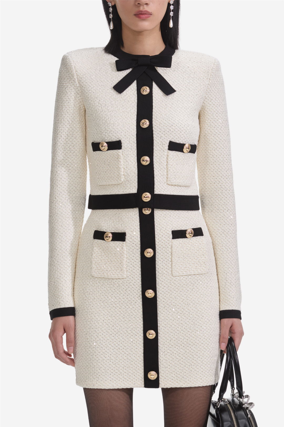 Cream Sequin Pussy Bow Cardigan
