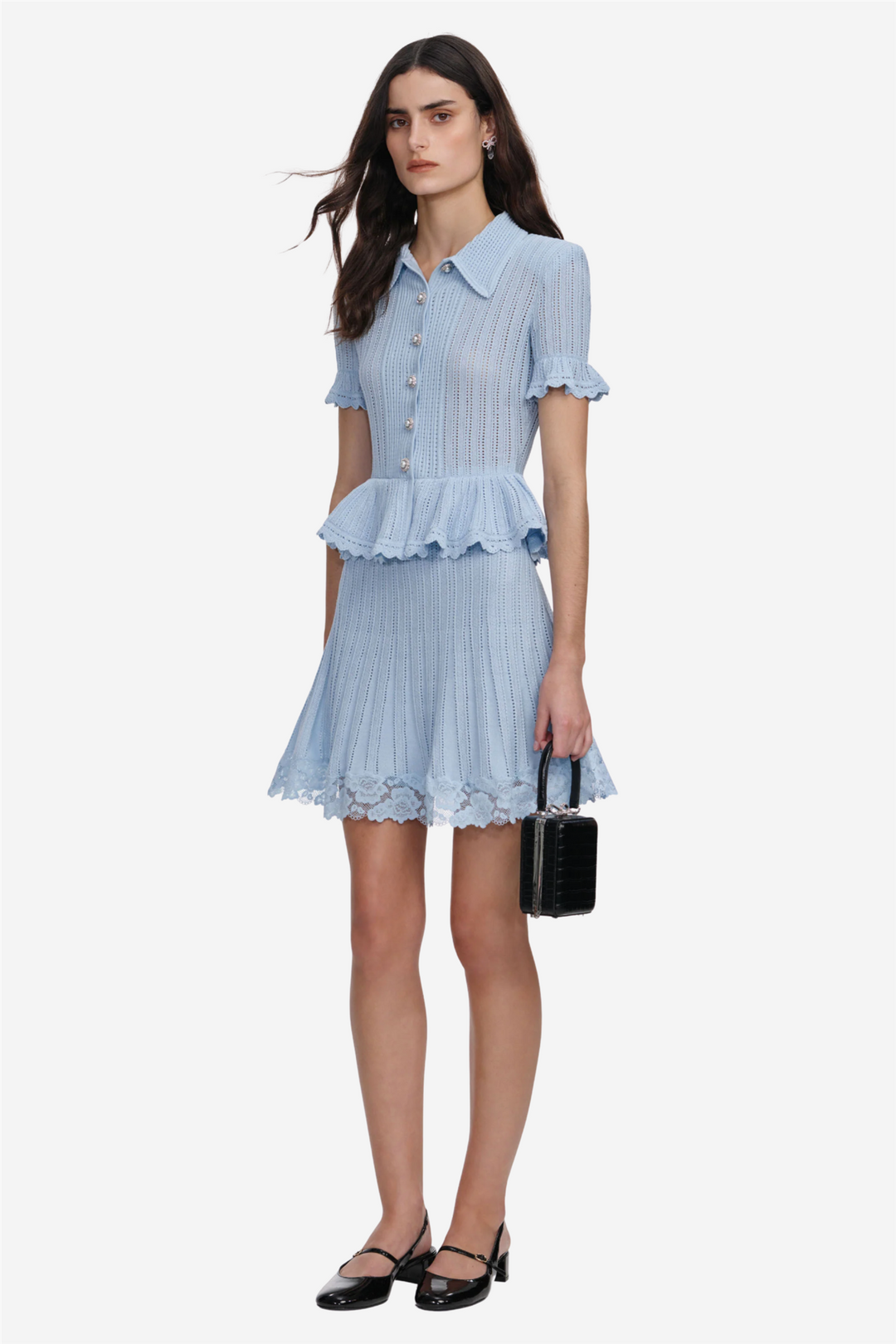 Pointelle Peplum Knit Mini Dress Blue