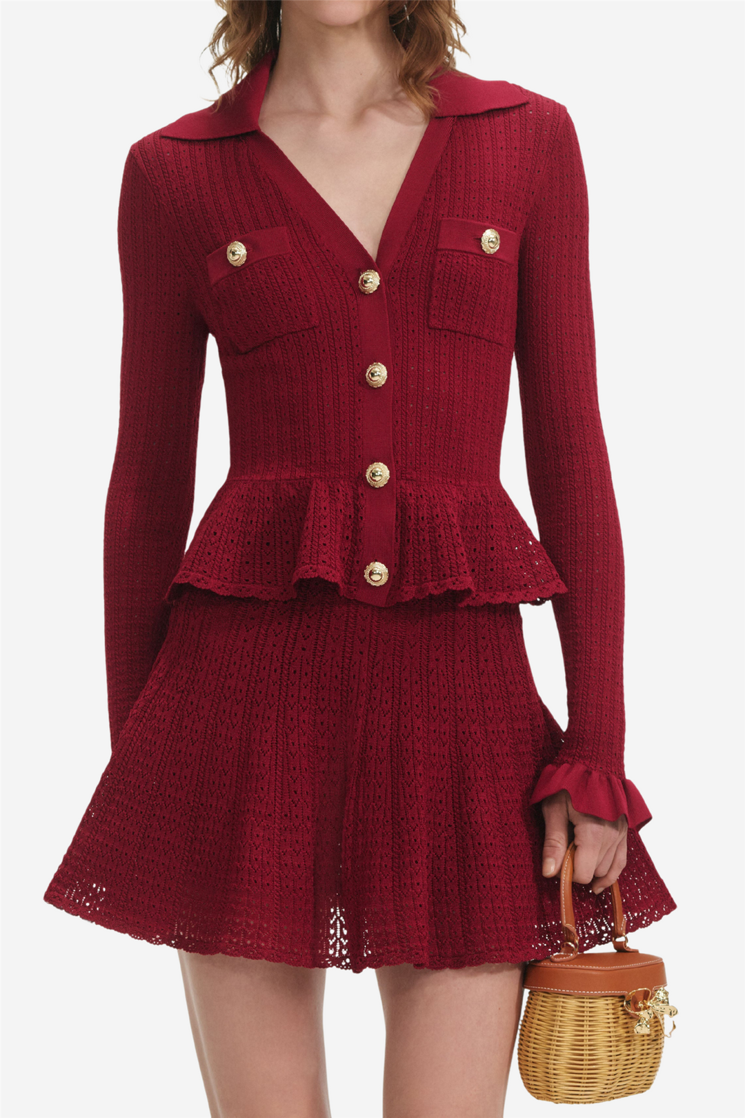 Burgundy Pointelle Knit Mini Dress