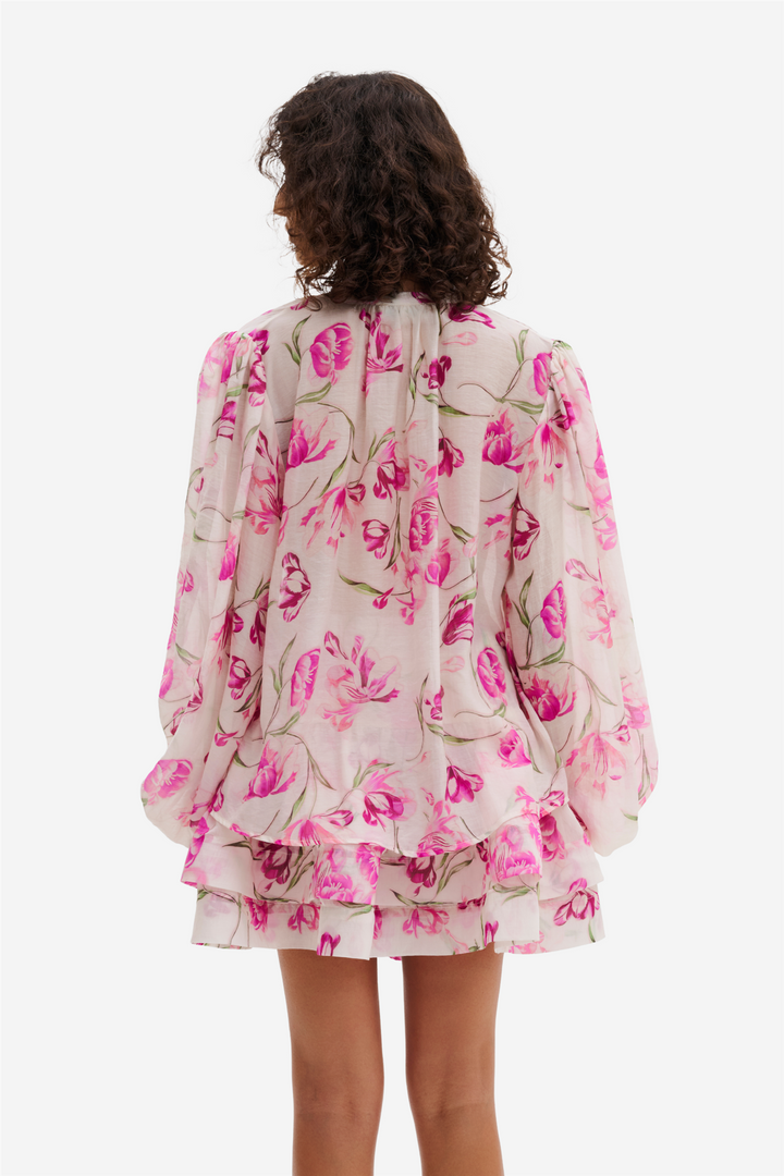 Minoa Balloon Slevee Sheer Blouse Tulip Pink