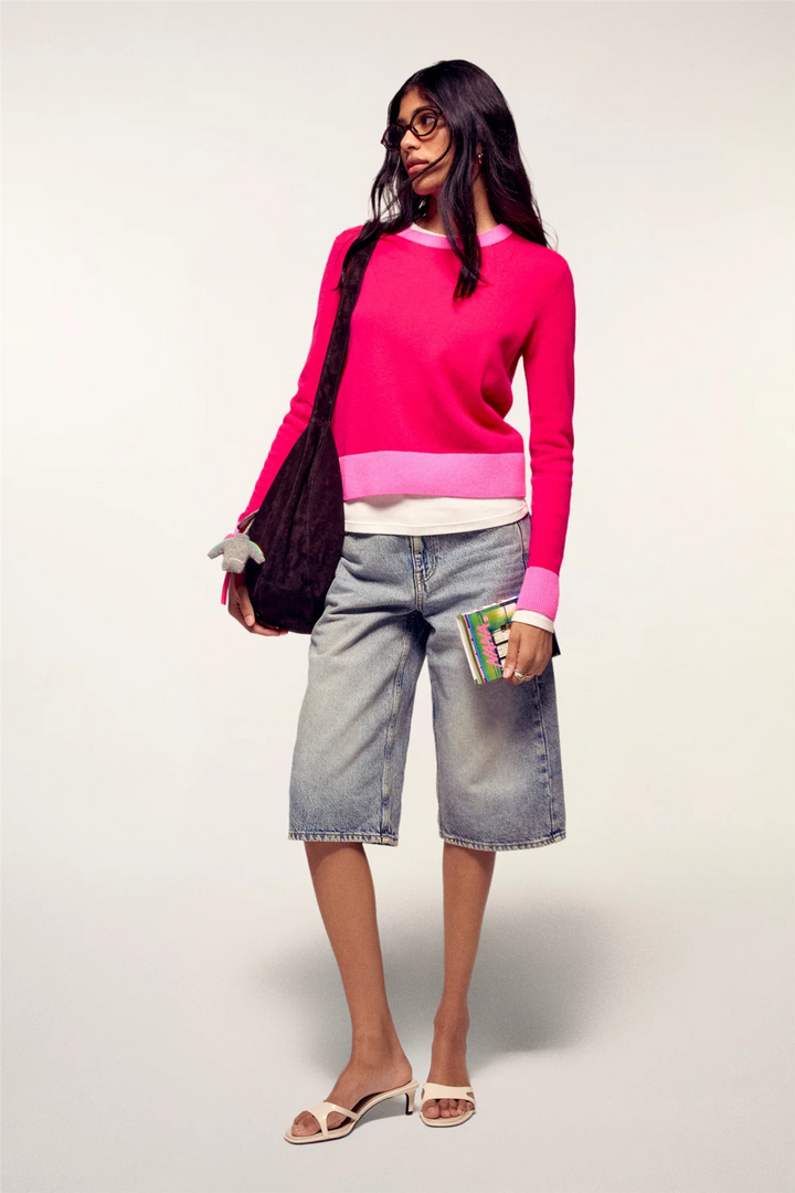 Two-Tone Crewneck Sweater Raspberry Pink