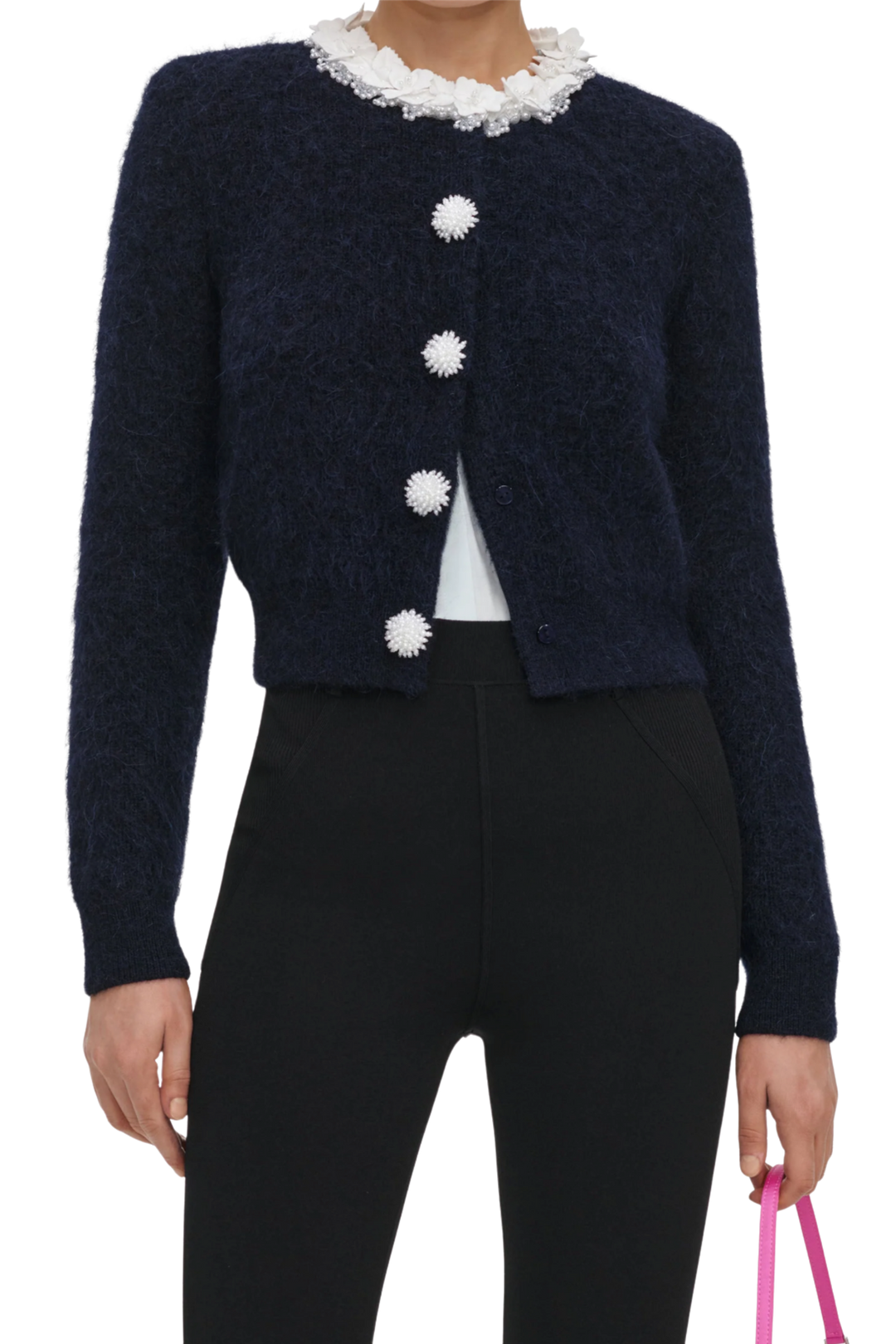 Flower Pearl Trim Knit Jumper Navy