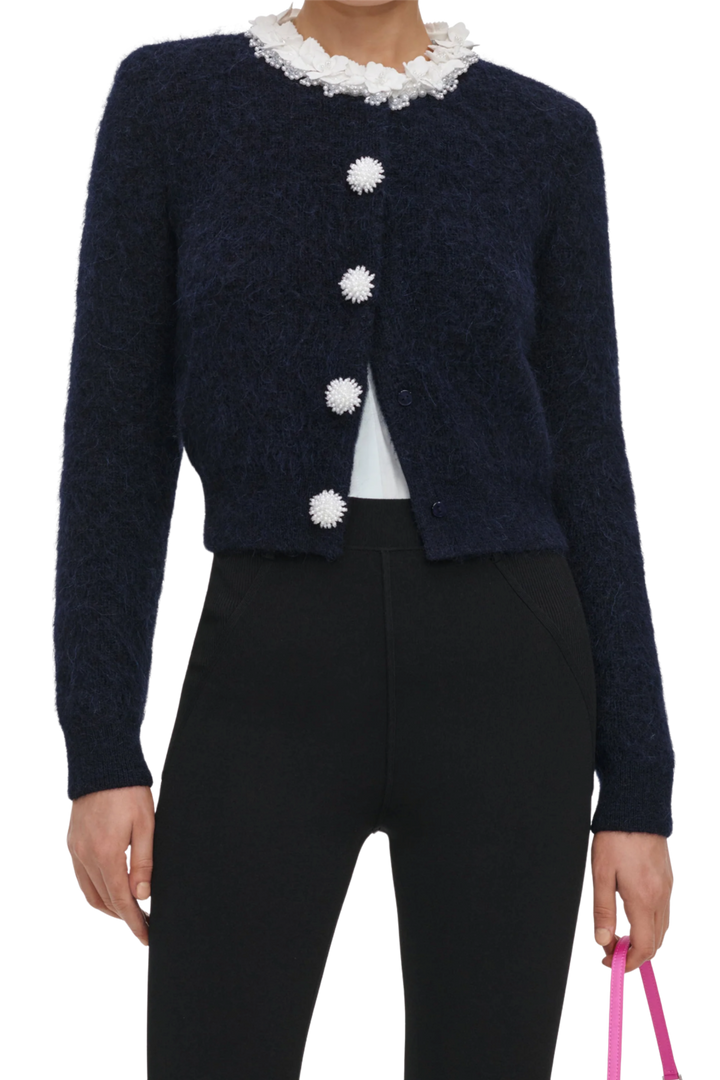 Flower Pearl Trim Knit Jumper Navy