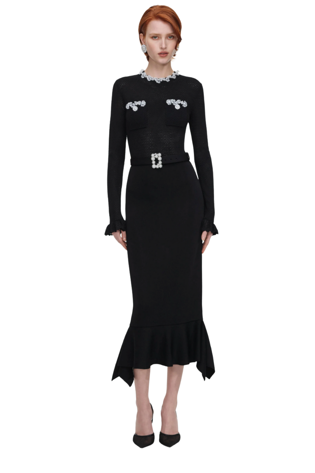 Pearl Trim Knit Midi Dress Black