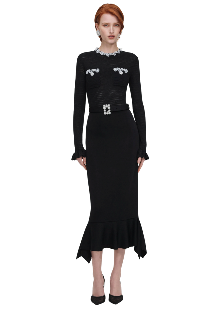 Pearl Trim Knit Midi Dress Black