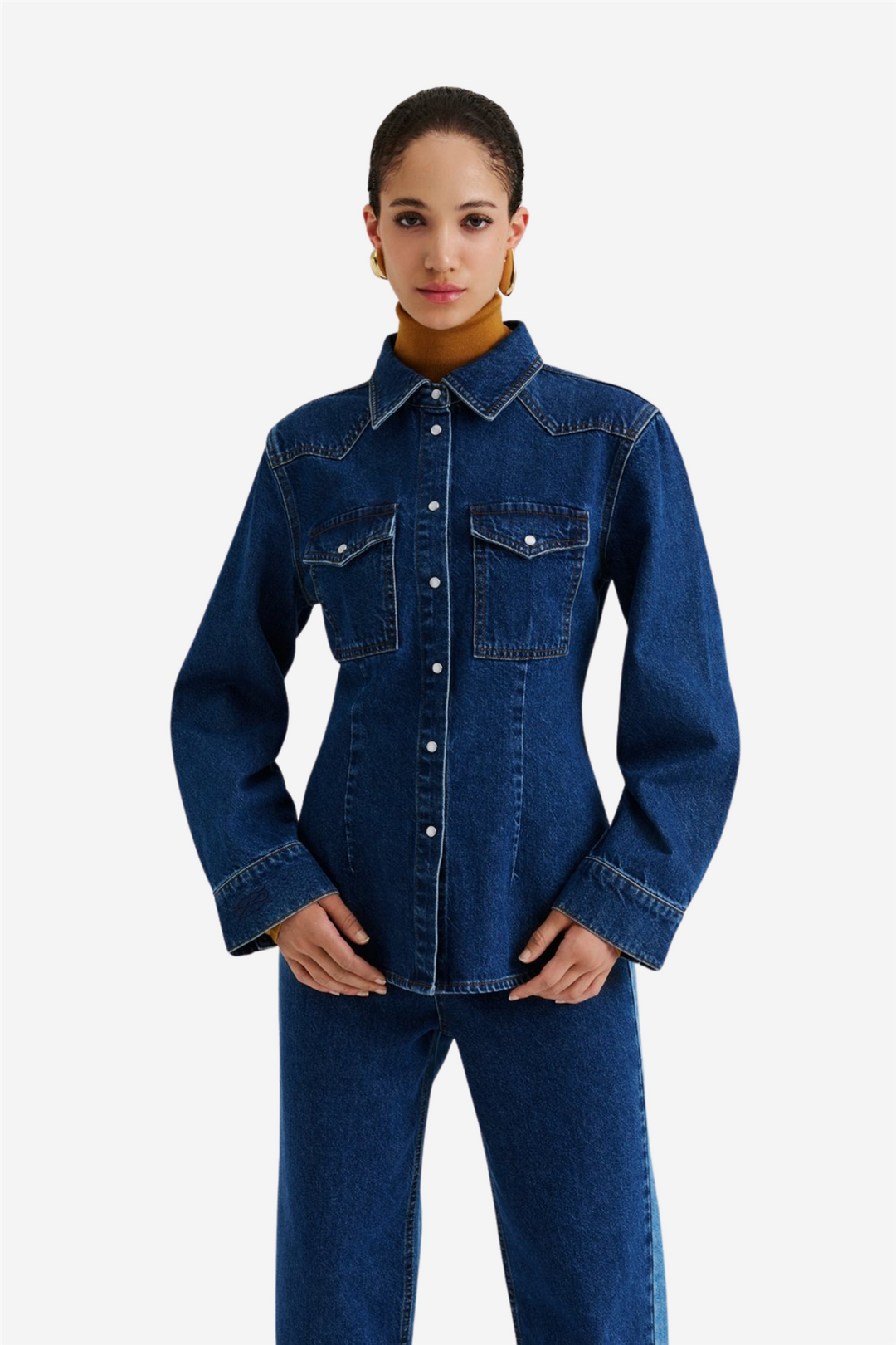 Anthea Fitted Waist Denim Shirt Dark Blue