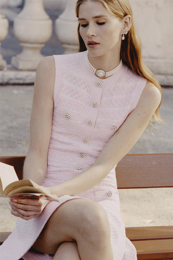 Pointelle Diamante Knit Mini Dress Pink