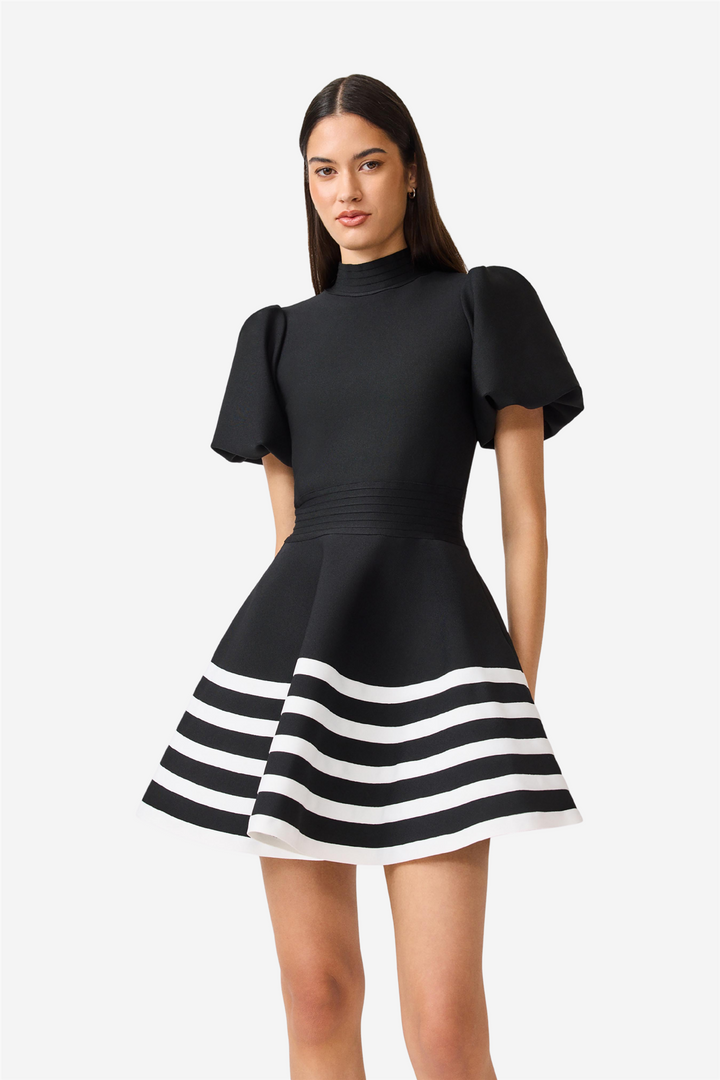 Ninette Puff Sleeves Flare Mini Dress Black And White