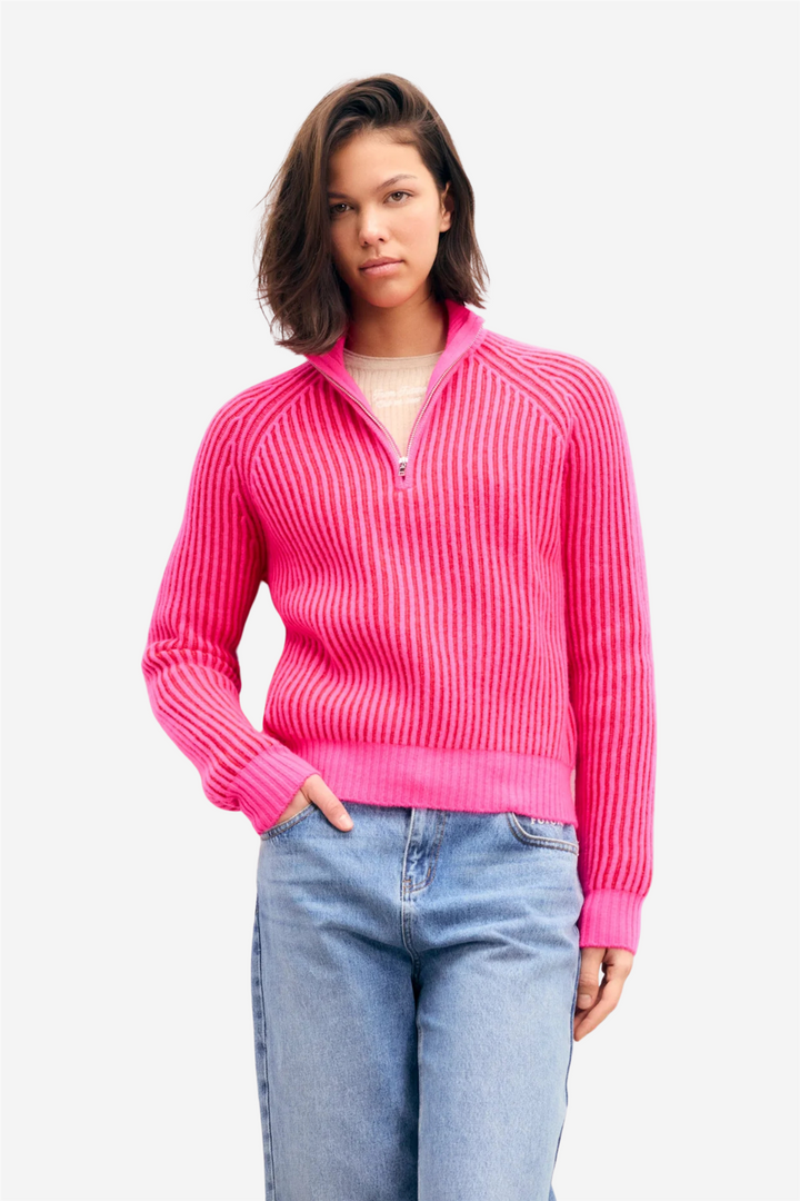 Two-Tone Yarn Quarter Zip Neck Sweater Passion Red