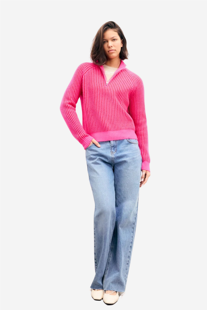 Two-Tone Yarn Quarter Zip Neck Sweater Passion Red