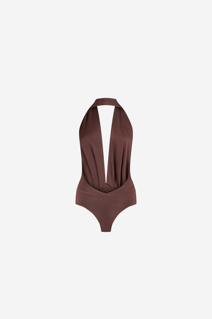 Zendaya Sleeveless Vneck Bodysuit Dark Brown