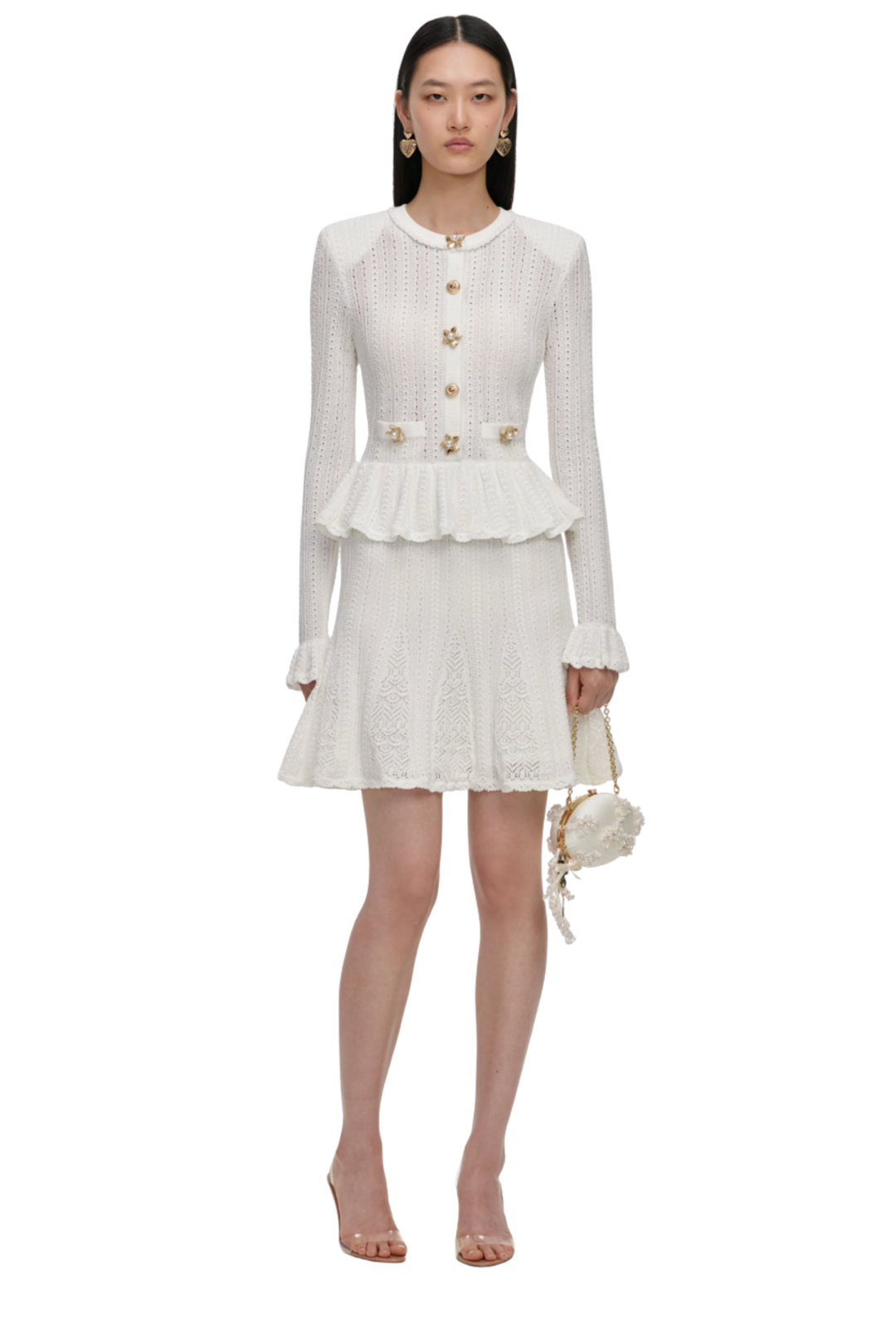 Pointelle Peplum Knit Mini Dress White
