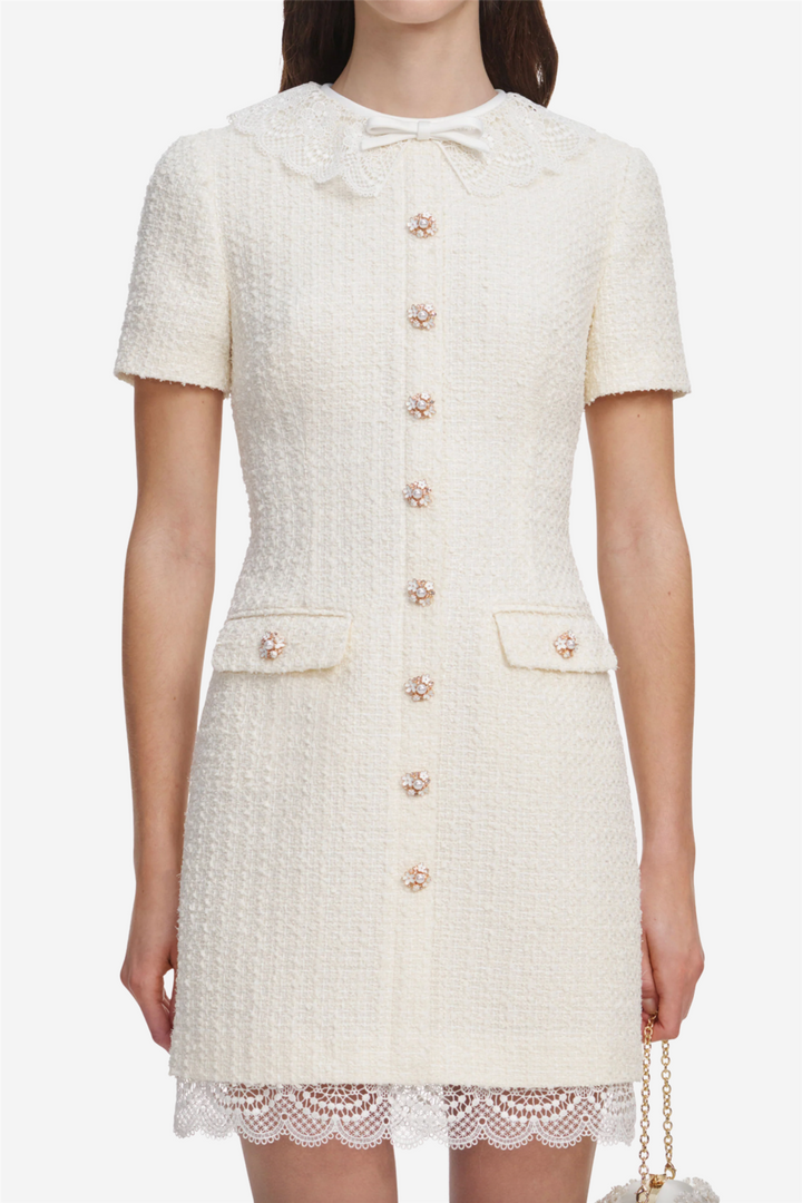 Boucle Lace Trim Mini Dress Cream