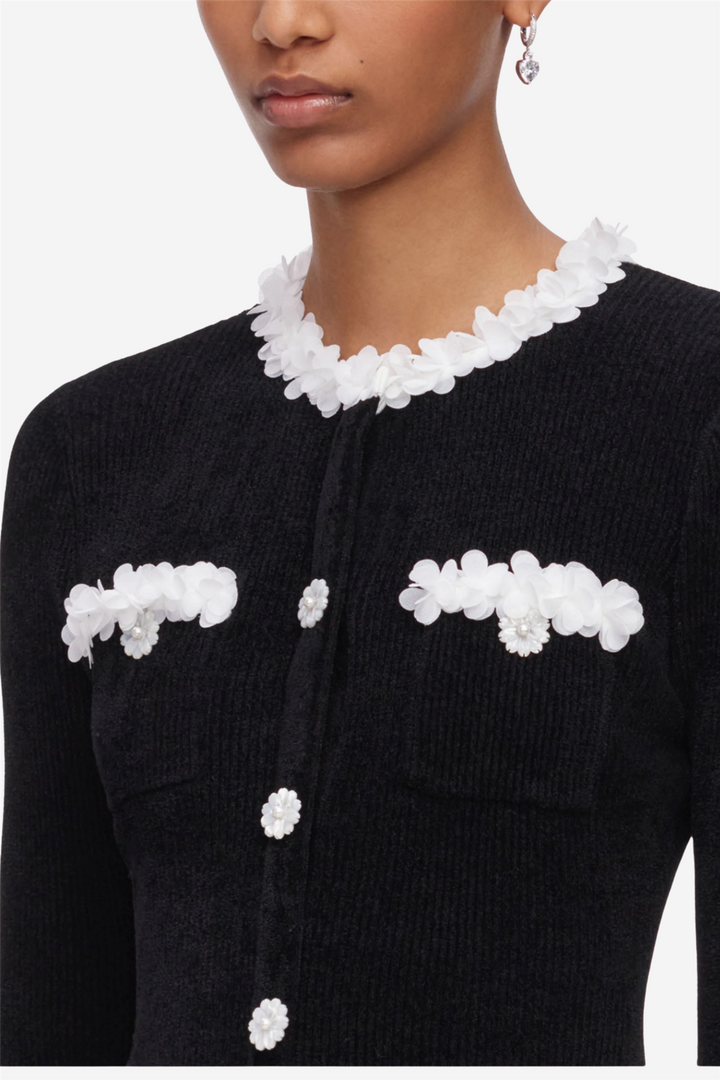 Black Chenille Knit Flower Trim Mini Dress Black